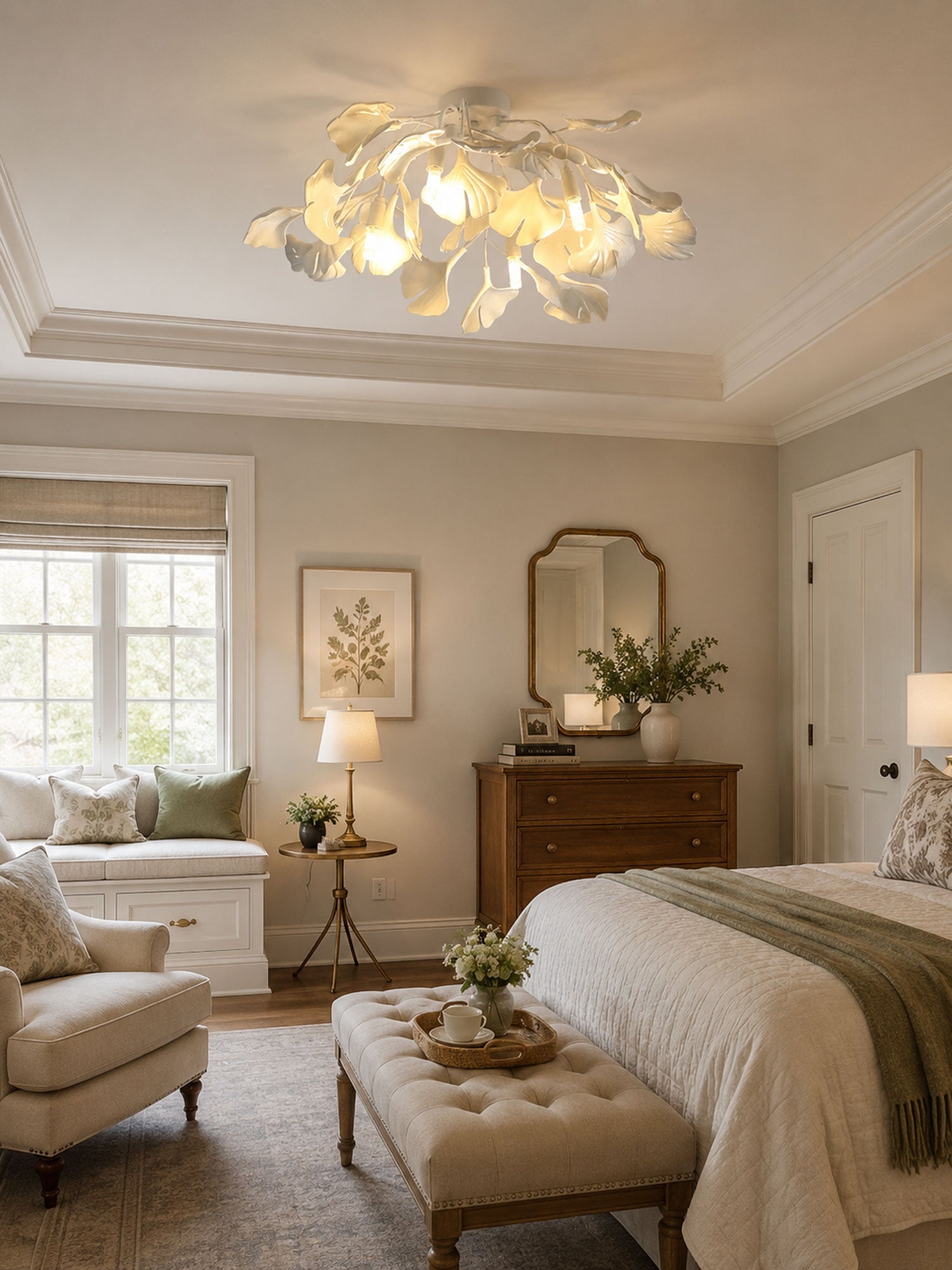 Ceramic Pendant Lamp Ginkgo Leaf | Gold-Colored Fixture with White Leaves | Modern Nature-Inspired Design for Living Room Dining Room Bedroom - Lamylie