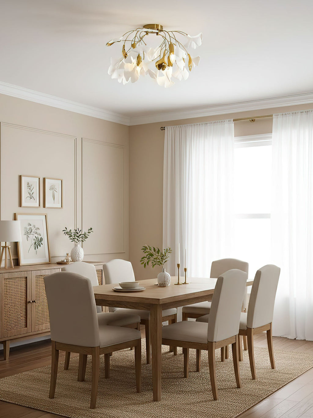 Ceramic Pendant Lamp Ginkgo Leaf | Gold-Colored Fixture with White Leaves | Modern Nature-Inspired Design for Living Room Dining Room Bedroom - Lamylie