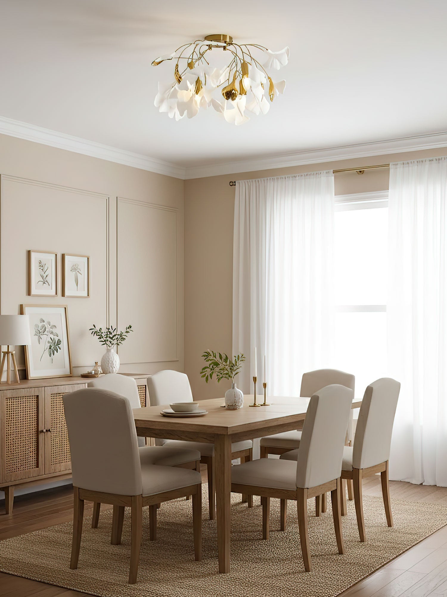 Ceramic Pendant Lamp Ginkgo Leaf | Gold-Colored Fixture with White Leaves | Modern Nature-Inspired Design for Living Room Dining Room Bedroom - Lamylie
