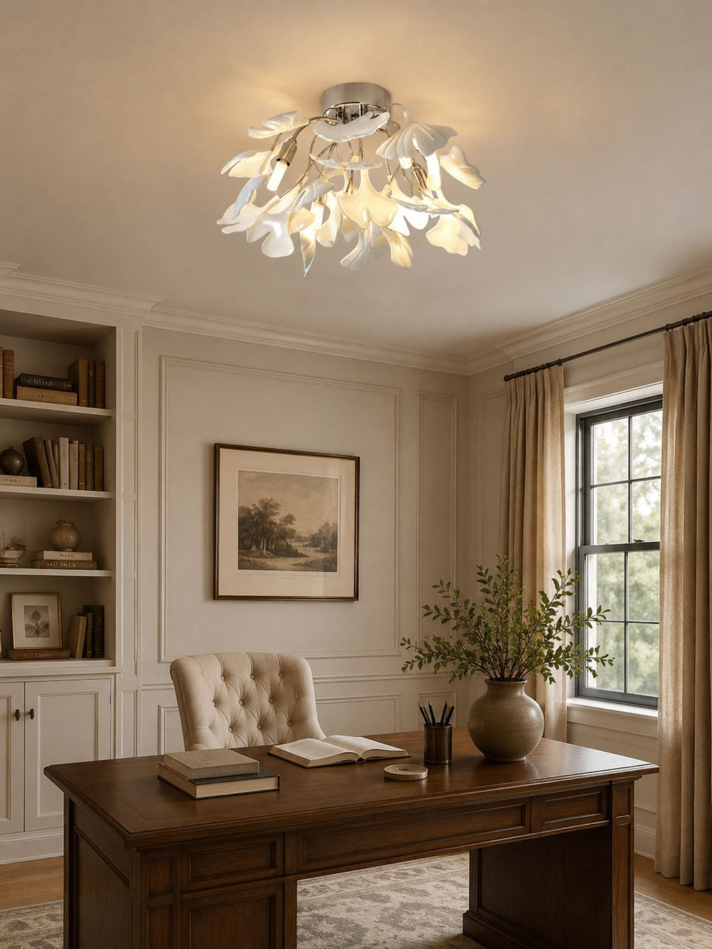Ceramic Pendant Lamp Ginkgo Leaf | Gold-Colored Fixture with White Leaves | Modern Nature-Inspired Design for Living Room Dining Room Bedroom - Lamylie