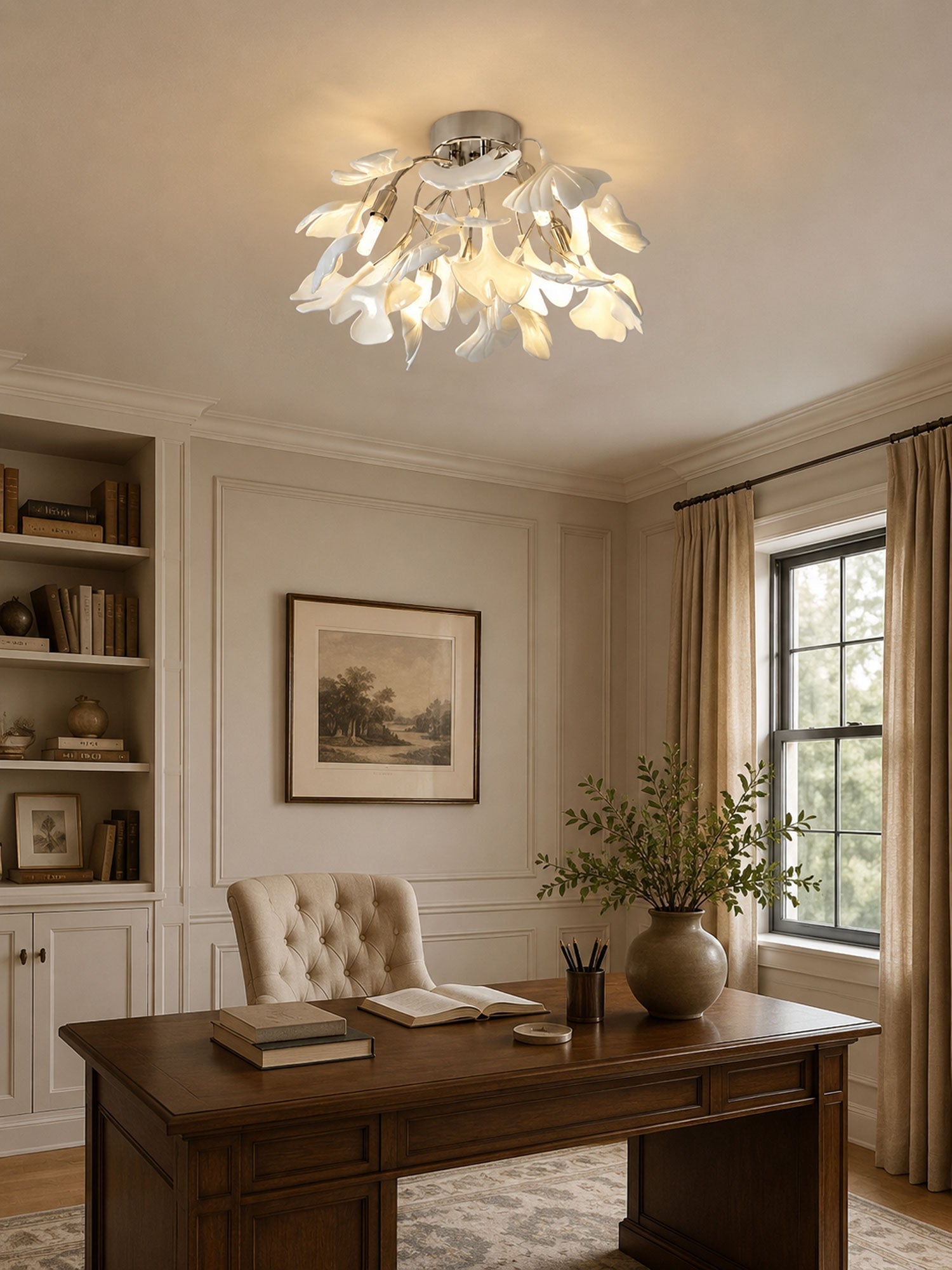 Ceramic Pendant Lamp Ginkgo Leaf | Gold-Colored Fixture with White Leaves | Modern Nature-Inspired Design for Living Room Dining Room Bedroom - Lamylie