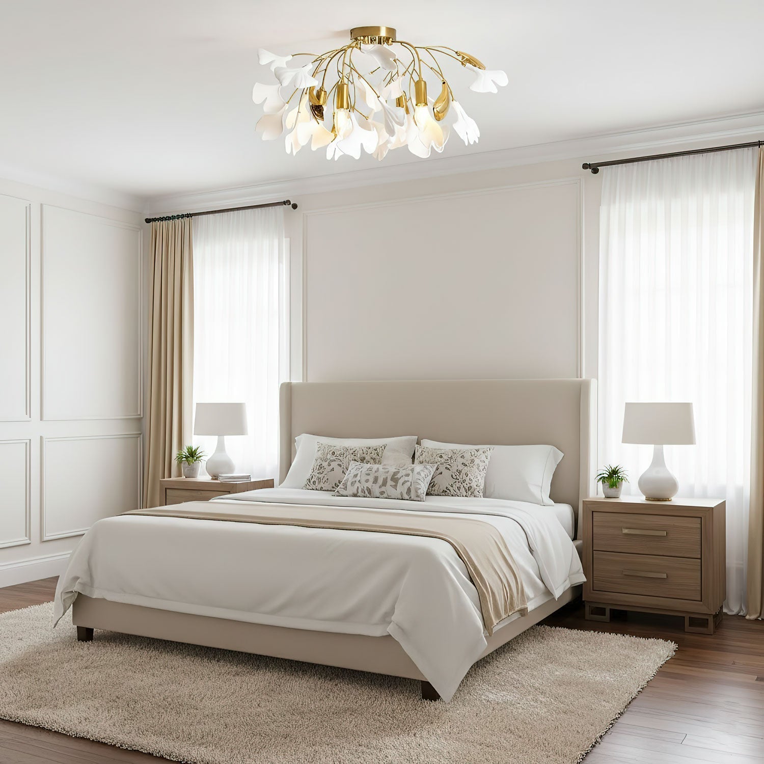 Ceramic Pendant Lamp Ginkgo Leaf | Gold-Colored Fixture with White Leaves | Modern Nature-Inspired Design for Living Room Dining Room Bedroom - Lamylie