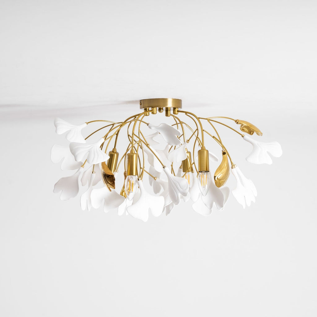 Ceramic Pendant Lamp Ginkgo Leaf | Gold-Colored Fixture with White Leaves | Modern Nature-Inspired Design for Living Room Dining Room Bedroom - Lamylie