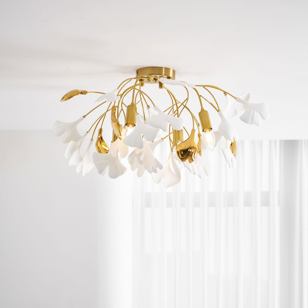 Ceramic Pendant Lamp Ginkgo Leaf | Gold-Colored Fixture with White Leaves | Modern Nature-Inspired Design for Living Room Dining Room Bedroom - Lamylie