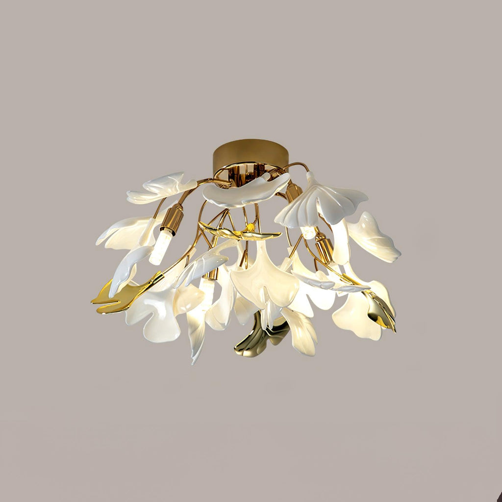Ceramic Pendant Lamp Ginkgo Leaf | Gold-Colored Fixture with White Leaves | Modern Nature-Inspired Design for Living Room Dining Room Bedroom - Lamylie