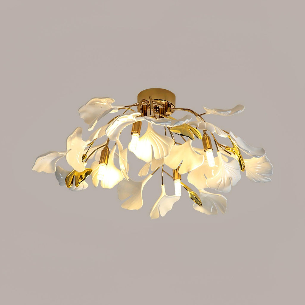 Ceramic Pendant Lamp Ginkgo Leaf | Gold-Colored Fixture with White Leaves | Modern Nature-Inspired Design for Living Room Dining Room Bedroom - Lamylie