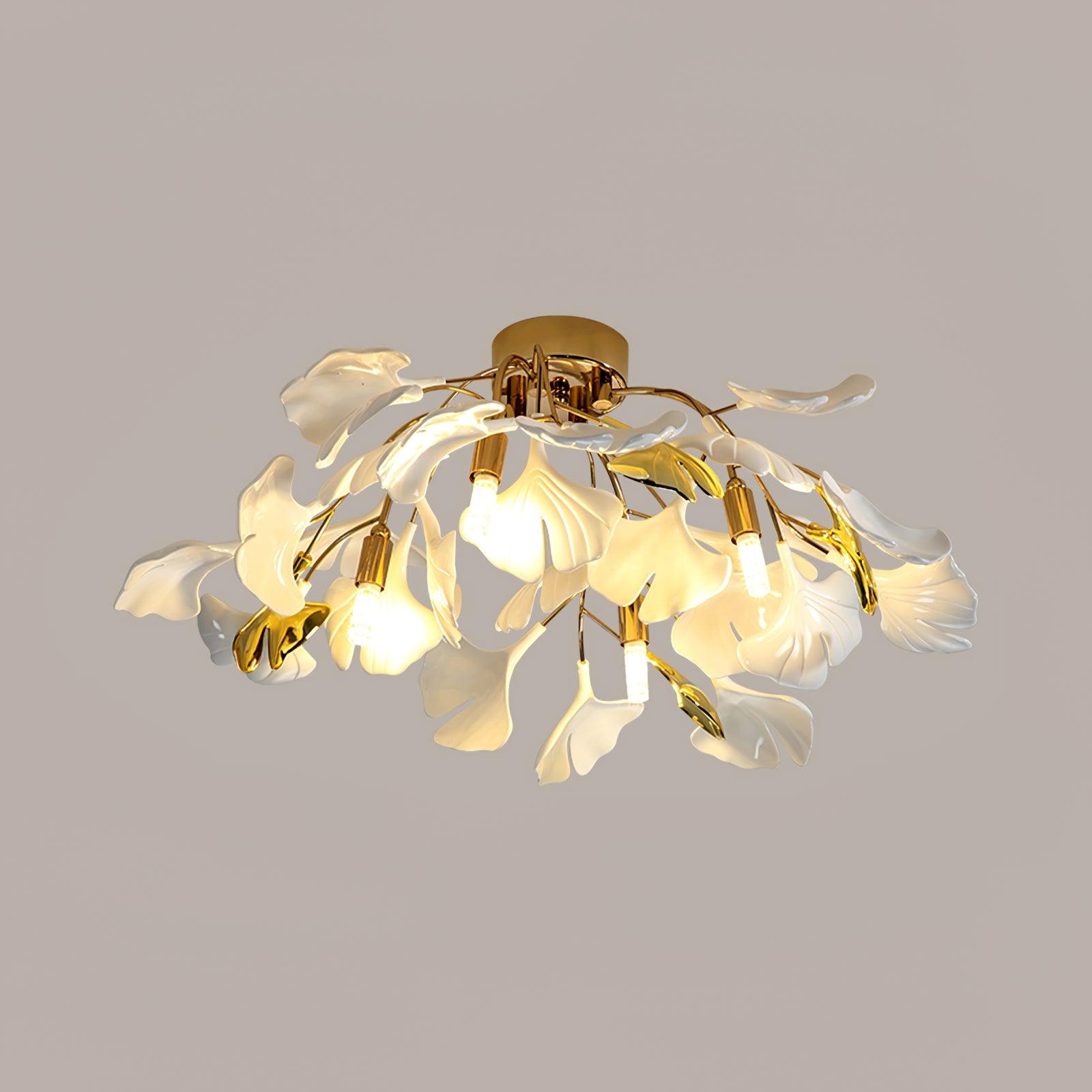Ceramic Pendant Lamp Ginkgo Leaf | Gold-Colored Fixture with White Leaves | Modern Nature-Inspired Design for Living Room Dining Room Bedroom - Lamylie