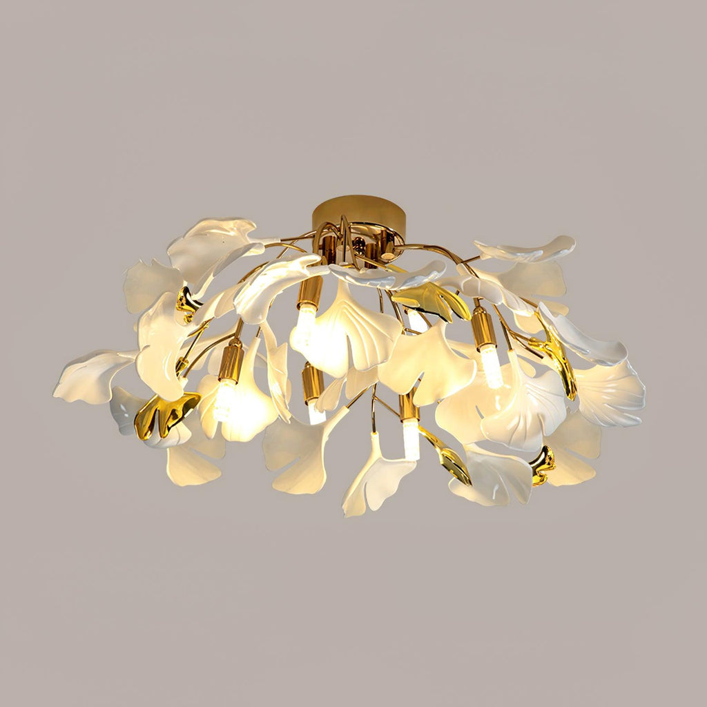 Ceramic Pendant Lamp Ginkgo Leaf | Gold-Colored Fixture with White Leaves | Modern Nature-Inspired Design for Living Room Dining Room Bedroom - Lamylie