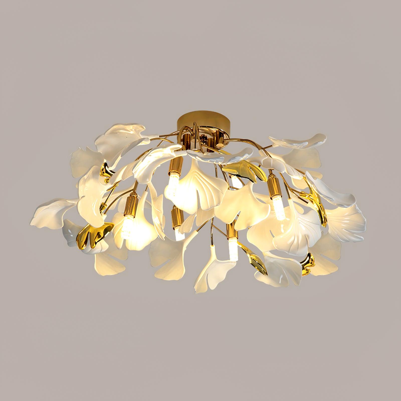 Ceramic Pendant Lamp Ginkgo Leaf | Gold-Colored Fixture with White Leaves | Modern Nature-Inspired Design for Living Room Dining Room Bedroom - Lamylie