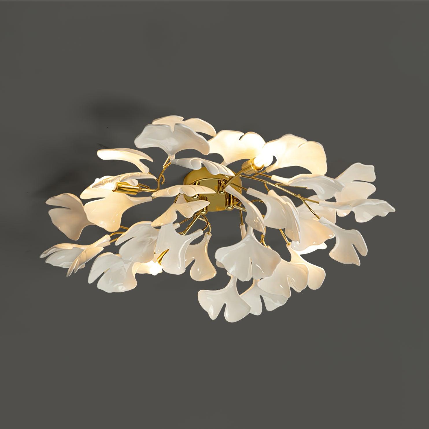 Ceramic Pendant Lamp Ginkgo Leaf | Gold-Colored Fixture with White Leaves | Modern Nature-Inspired Design for Living Room Dining Room Bedroom - Lamylie