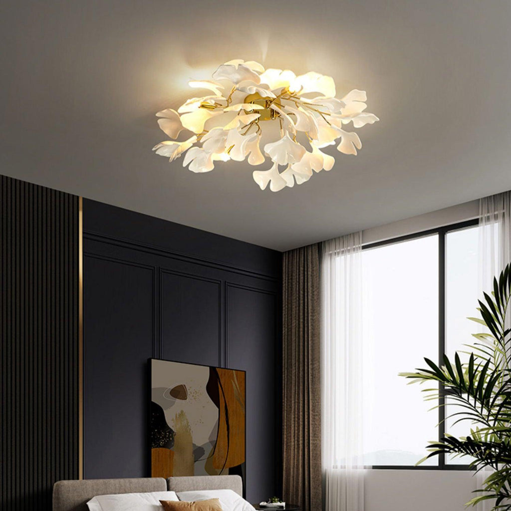 Ceramic Pendant Lamp Ginkgo Leaf | Gold-Colored Fixture with White Leaves | Modern Nature-Inspired Design for Living Room Dining Room Bedroom - Lamylie