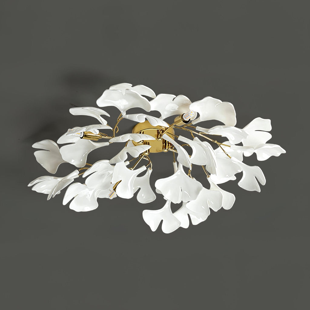 Ceramic Pendant Lamp Ginkgo Leaf | Gold-Colored Fixture with White Leaves | Modern Nature-Inspired Design for Living Room Dining Room Bedroom - Lamylie