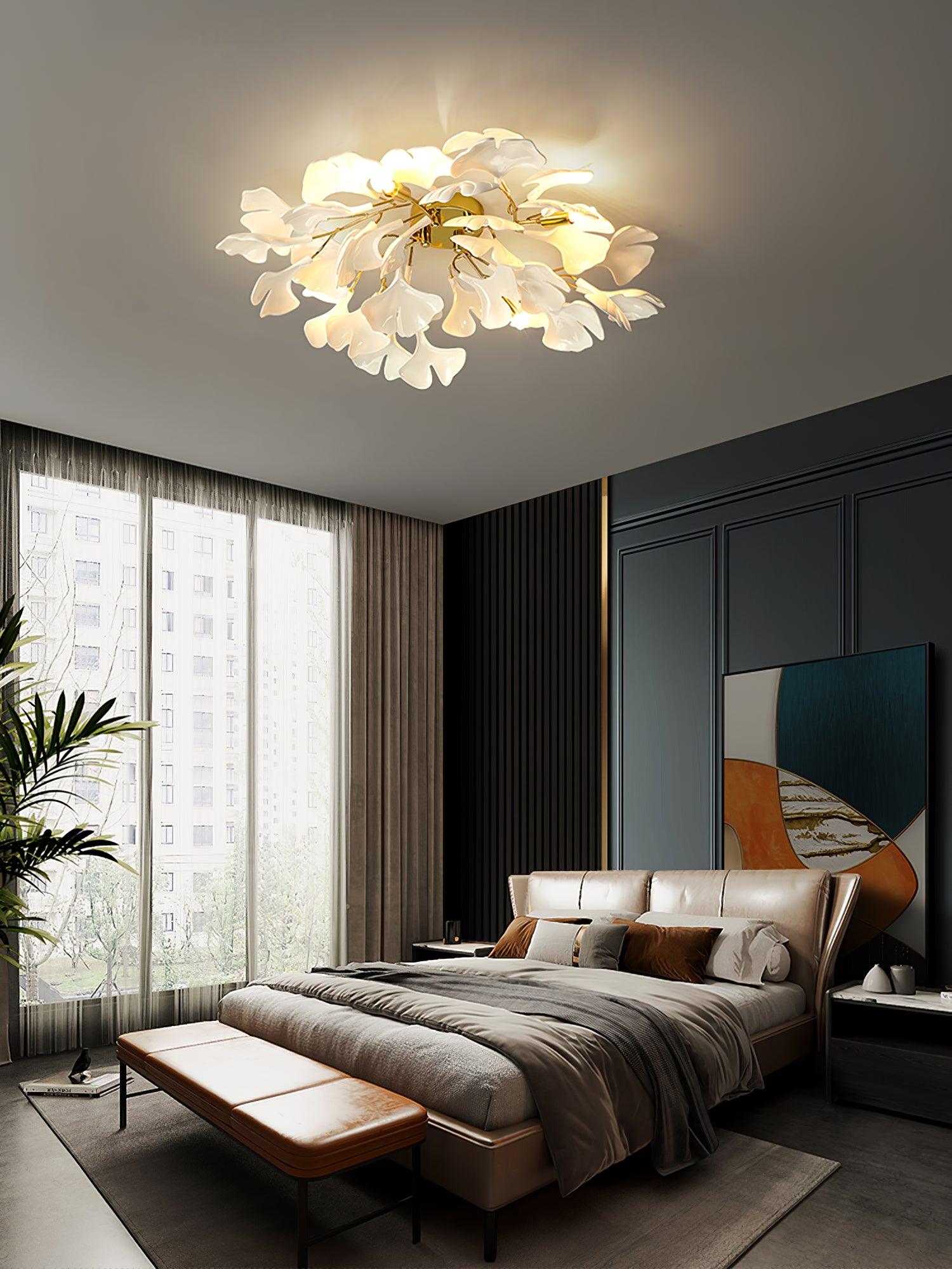 Ceramic Pendant Lamp Ginkgo Leaf | Gold-Colored Fixture with White Leaves | Modern Nature-Inspired Design for Living Room Dining Room Bedroom - Lamylie