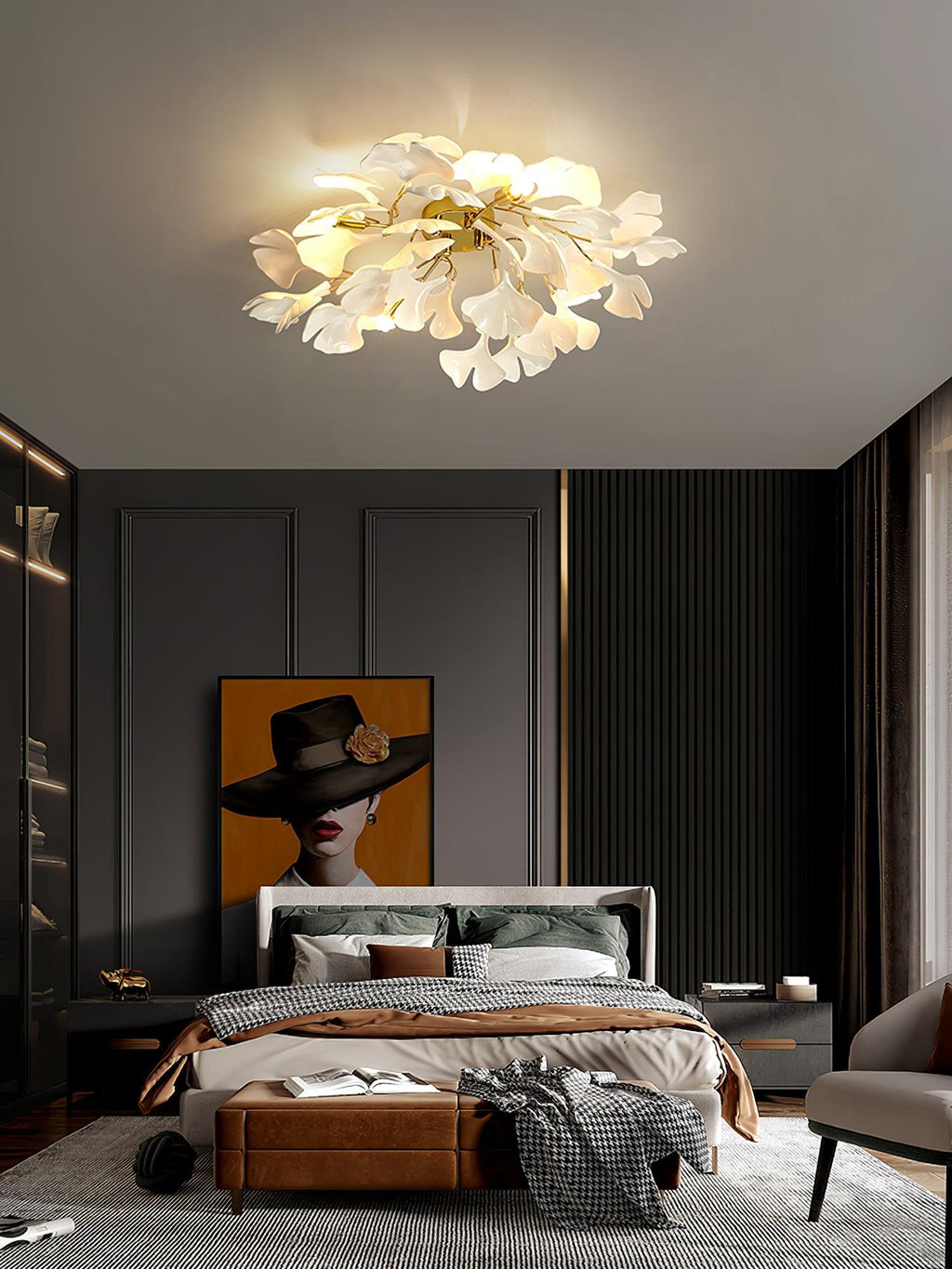 Ceramic Pendant Lamp Ginkgo Leaf | Gold-Colored Fixture with White Leaves | Modern Nature-Inspired Design for Living Room Dining Room Bedroom - Lamylie