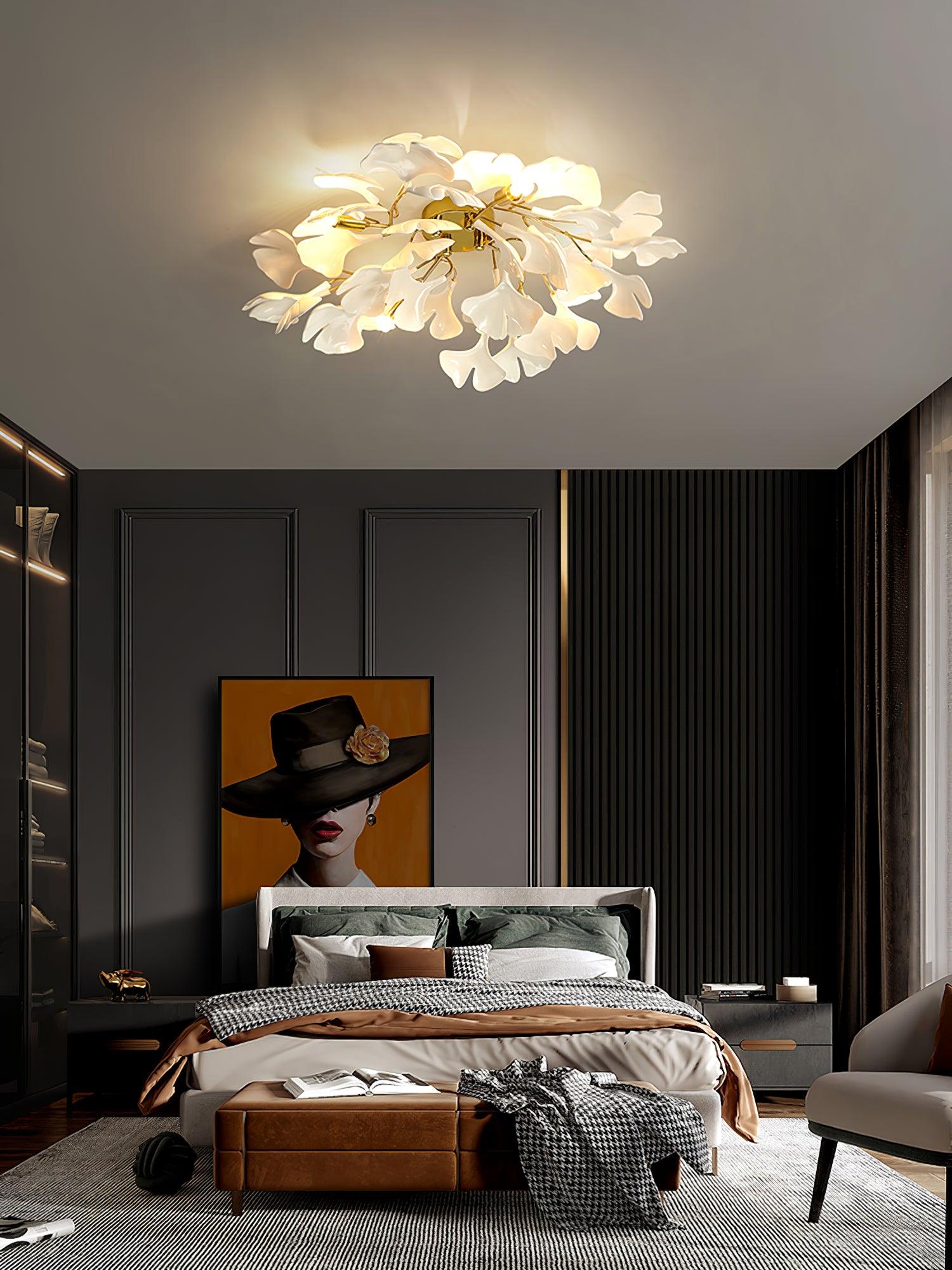 Ceramic Pendant Lamp Ginkgo Leaf | Gold-Colored Fixture with White Leaves | Modern Nature-Inspired Design for Living Room Dining Room Bedroom - Lamylie