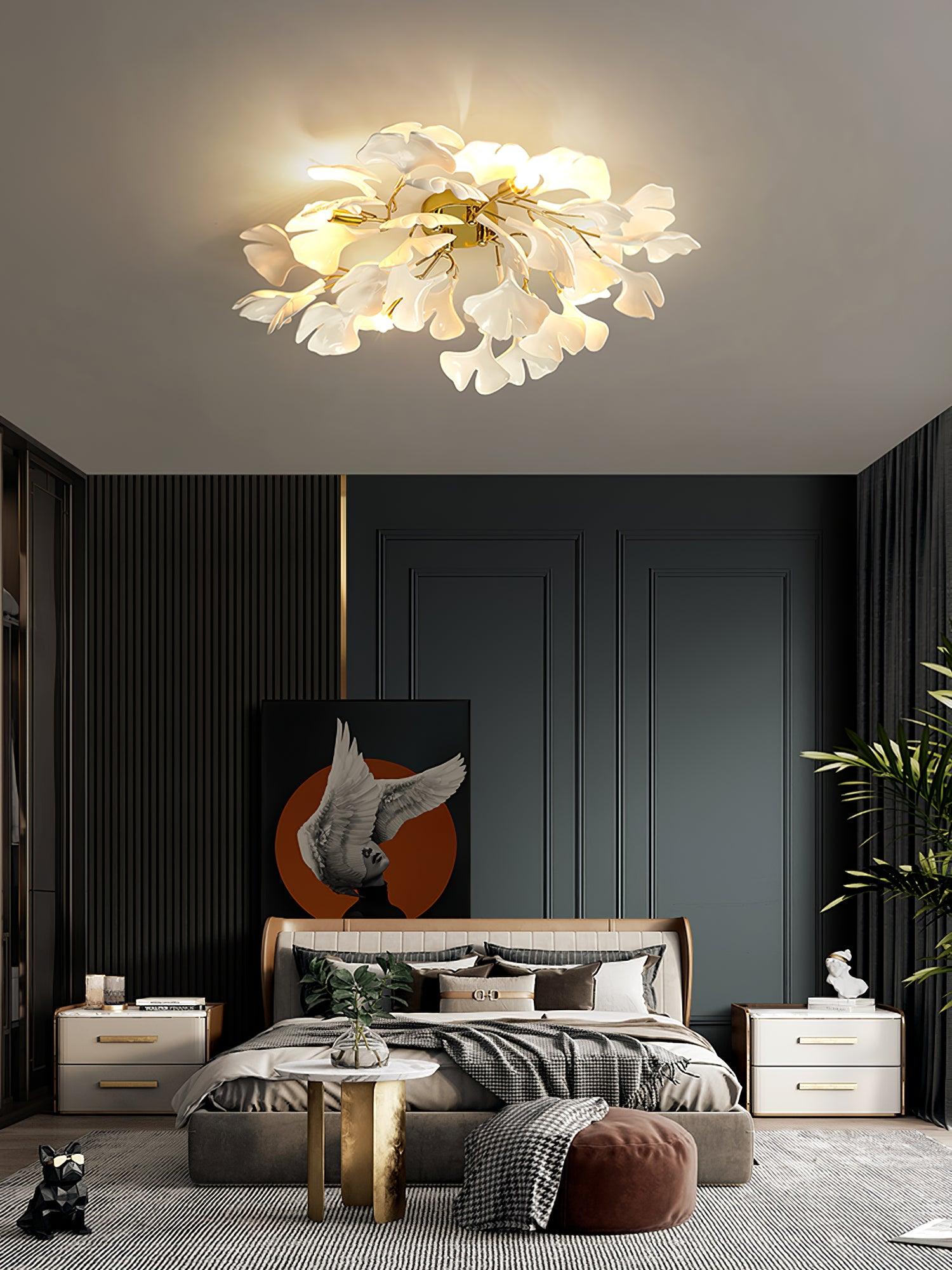 Ceramic Pendant Lamp Ginkgo Leaf | Gold-Colored Fixture with White Leaves | Modern Nature-Inspired Design for Living Room Dining Room Bedroom - Lamylie