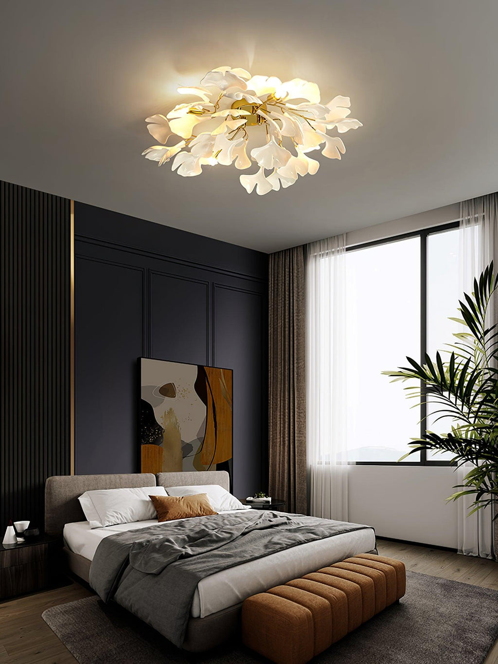 Ceramic Pendant Lamp Ginkgo Leaf | Gold-Colored Fixture with White Leaves | Modern Nature-Inspired Design for Living Room Dining Room Bedroom - Lamylie