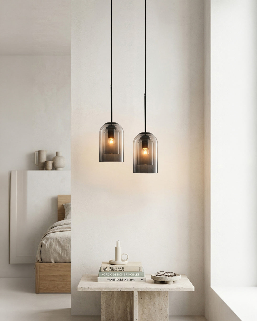 Glass Pendant Lamp Ginza with Curved Shape and Soft Ambient Lighting Warm White | E27 Socket Included Dimmable Compatibility - Lamylie