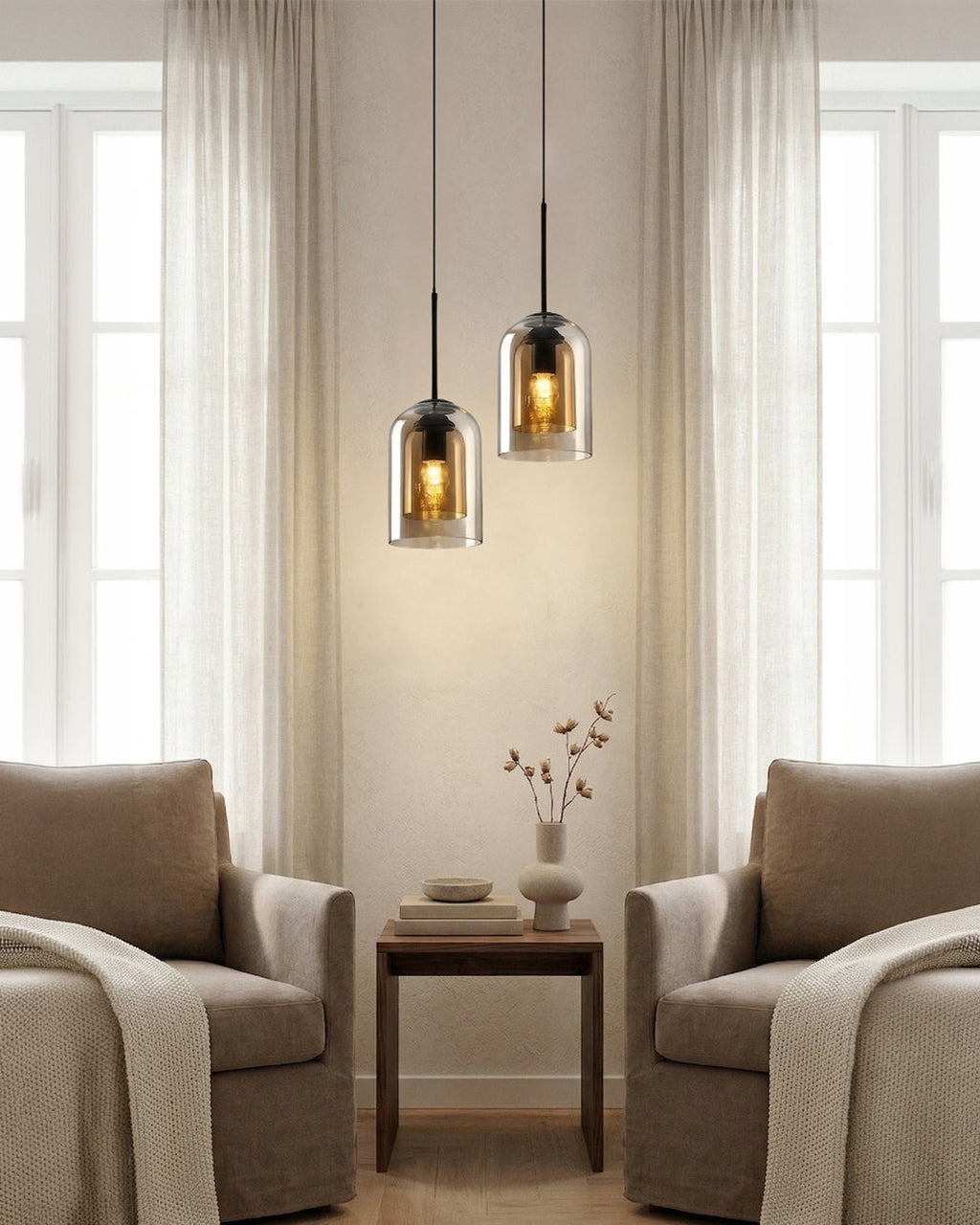 Glass Pendant Lamp Ginza with Curved Shape and Soft Ambient Lighting Warm White | E27 Socket Included Dimmable Compatibility - Lamylie