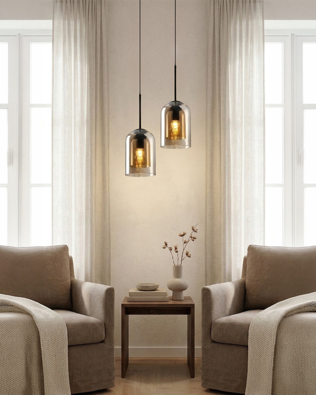 Glass Pendant Lamp Ginza with Curved Shape and Soft Ambient Lighting Warm White | E27 Socket Included Dimmable Compatibility - Lamylie
