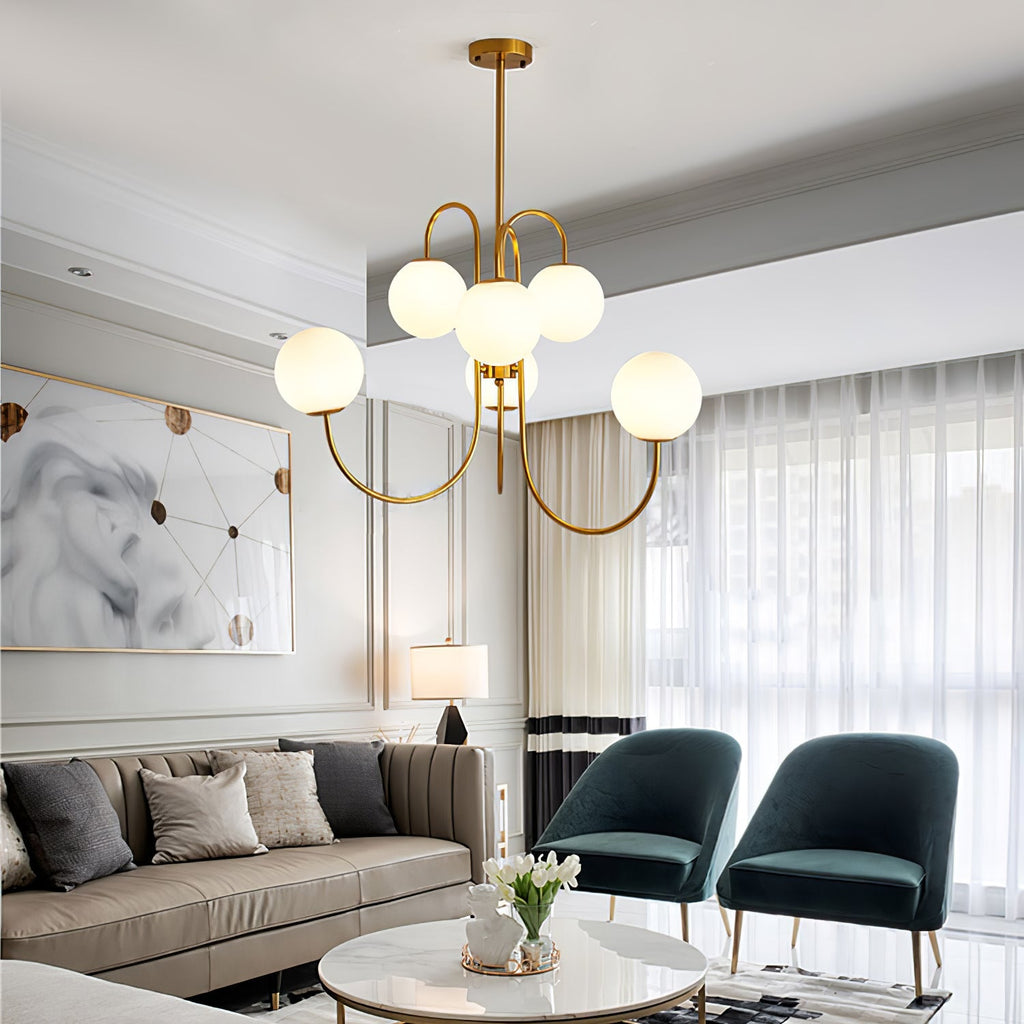 Schwanenhals-Kronleuchter Ø76 cm | 8-flammige Pendelleuchte mit Glasgloben Gold/Schwarz - Lamylie