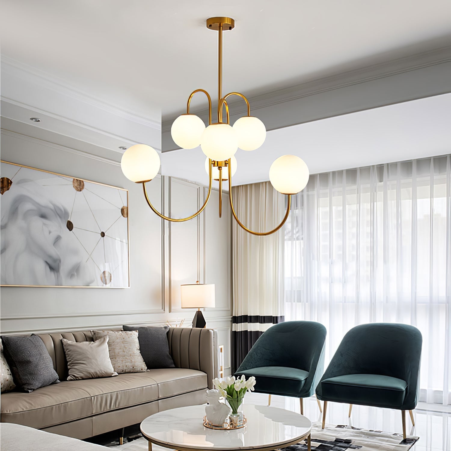 Schwanenhals-Kronleuchter Ø76 cm | 8-flammige Pendelleuchte mit Glasgloben Gold/Schwarz - Lamylie
