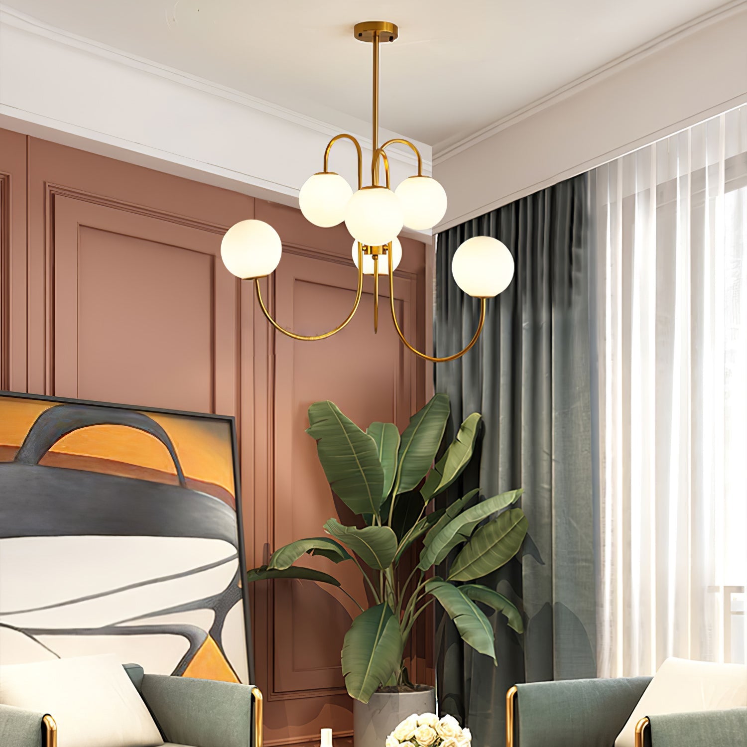 Schwanenhals-Kronleuchter Ø76 cm | 8-flammige Pendelleuchte mit Glasgloben Gold/Schwarz - Lamylie