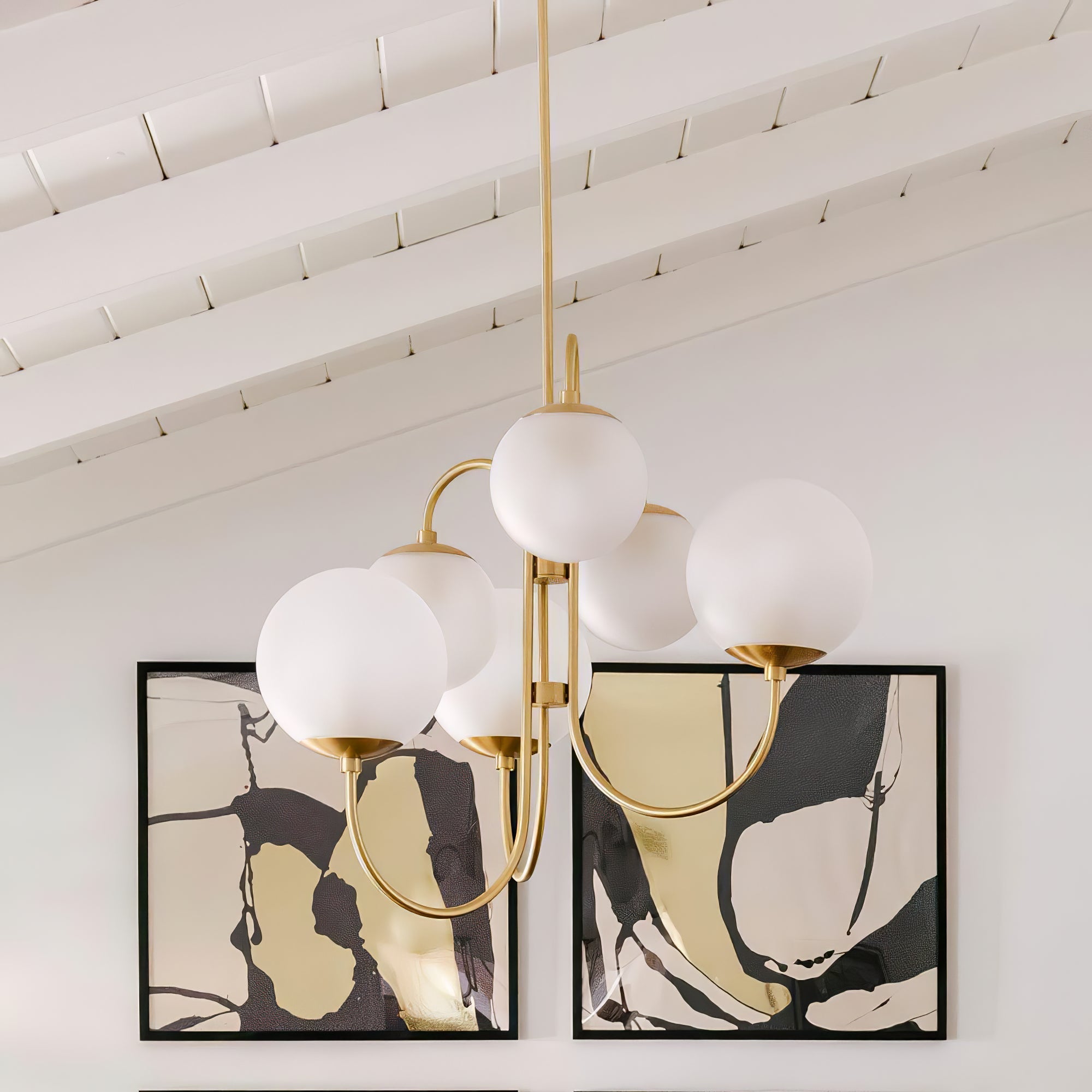 Schwanenhals-Kronleuchter Ø76 cm | 8-flammige Pendelleuchte mit Glasgloben Gold/Schwarz - Lamylie