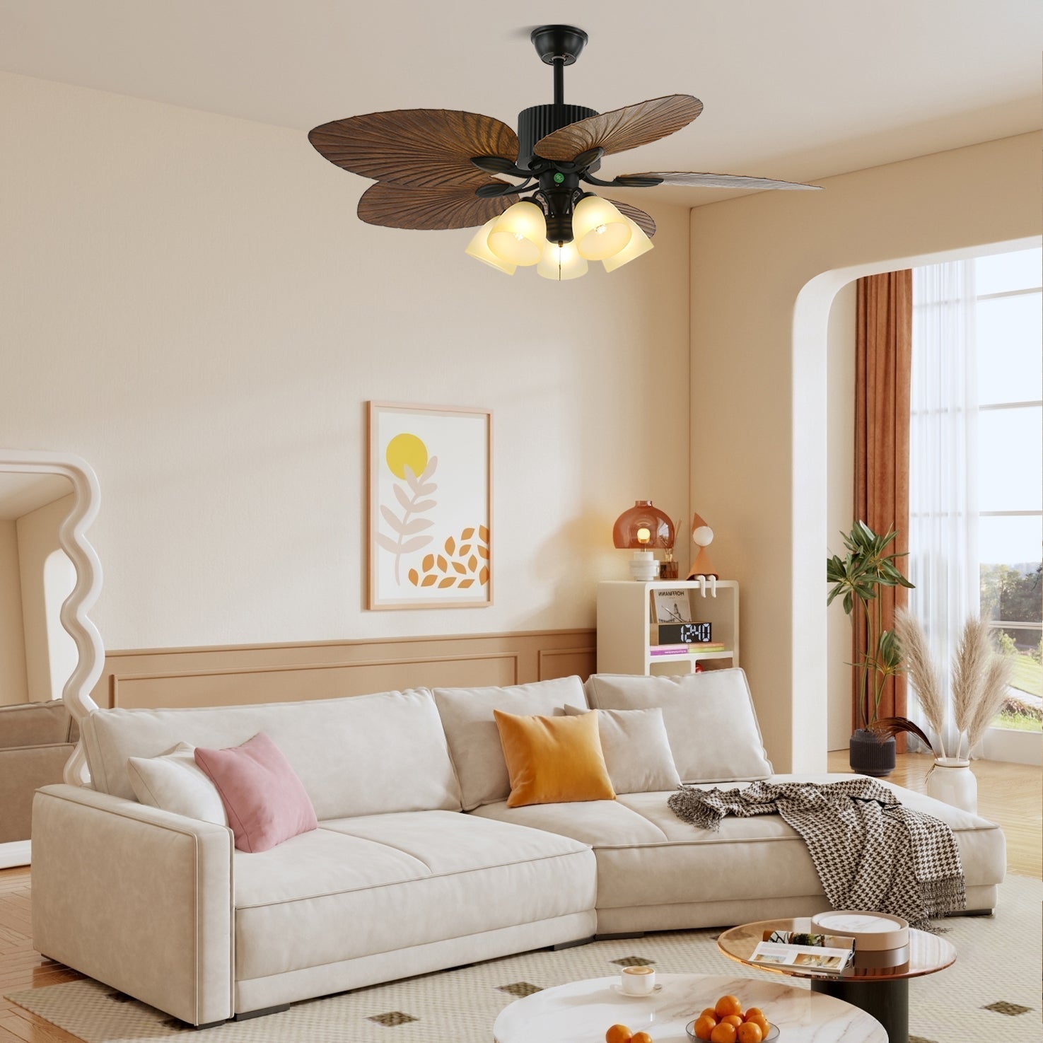 Tropical Wooden Ceiling Fan with Lighting | Remote Control 6 Speeds - Lamylie