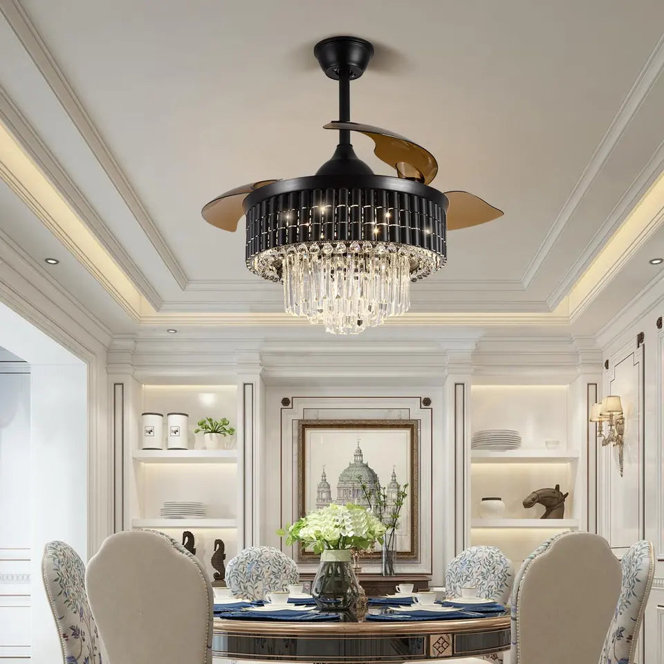 Ventilateur-plafonnier avec luminaire cristal NovaLuxe de 42 pouces — LED CC, pales rétractables