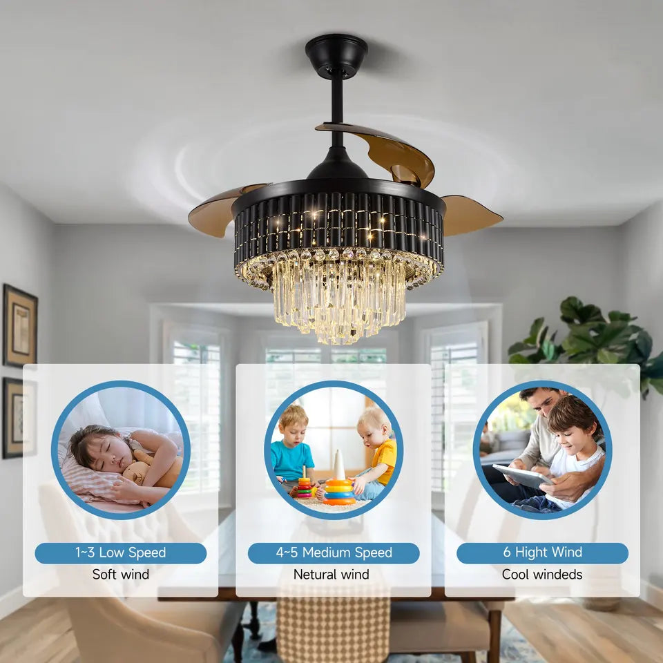 Ventilateur-plafonnier avec luminaire cristal NovaLuxe de 42 pouces — LED CC, pales rétractables