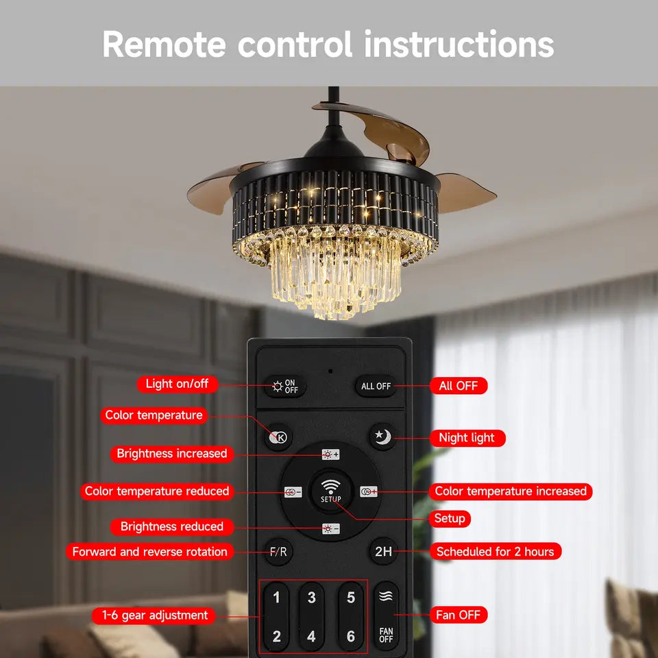 Ventilateur-plafonnier avec luminaire cristal NovaLuxe de 42 pouces — LED CC, pales rétractables