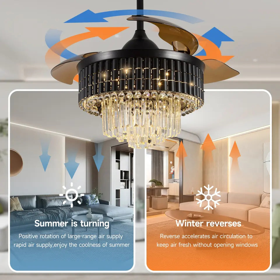 Ventilateur-plafonnier avec luminaire cristal NovaLuxe de 42 pouces — LED CC, pales rétractables