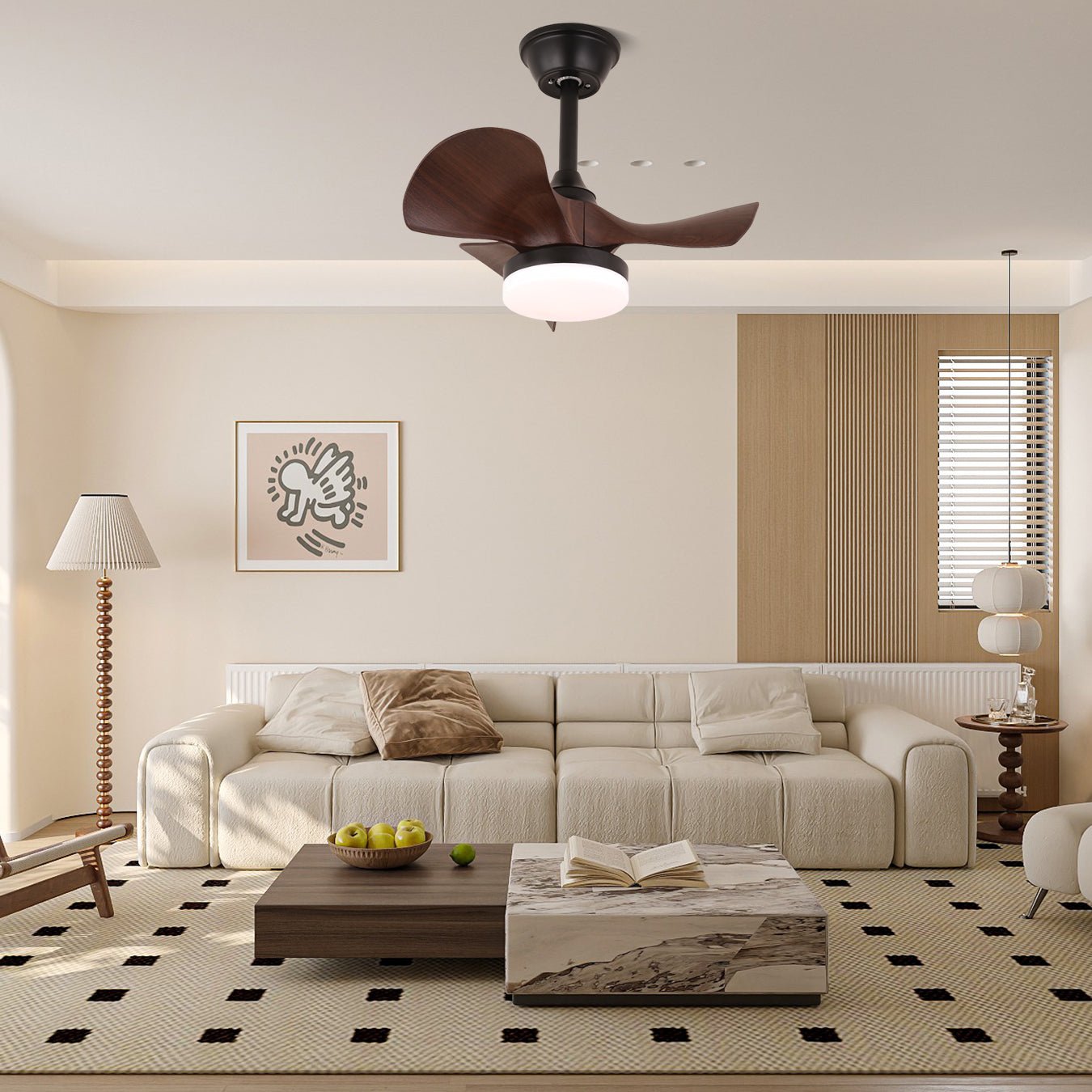 Moderní dřevěný stropní ventilátor Neriah s integrovaným osvětlením a dálkovým ovládáním – Lamylie