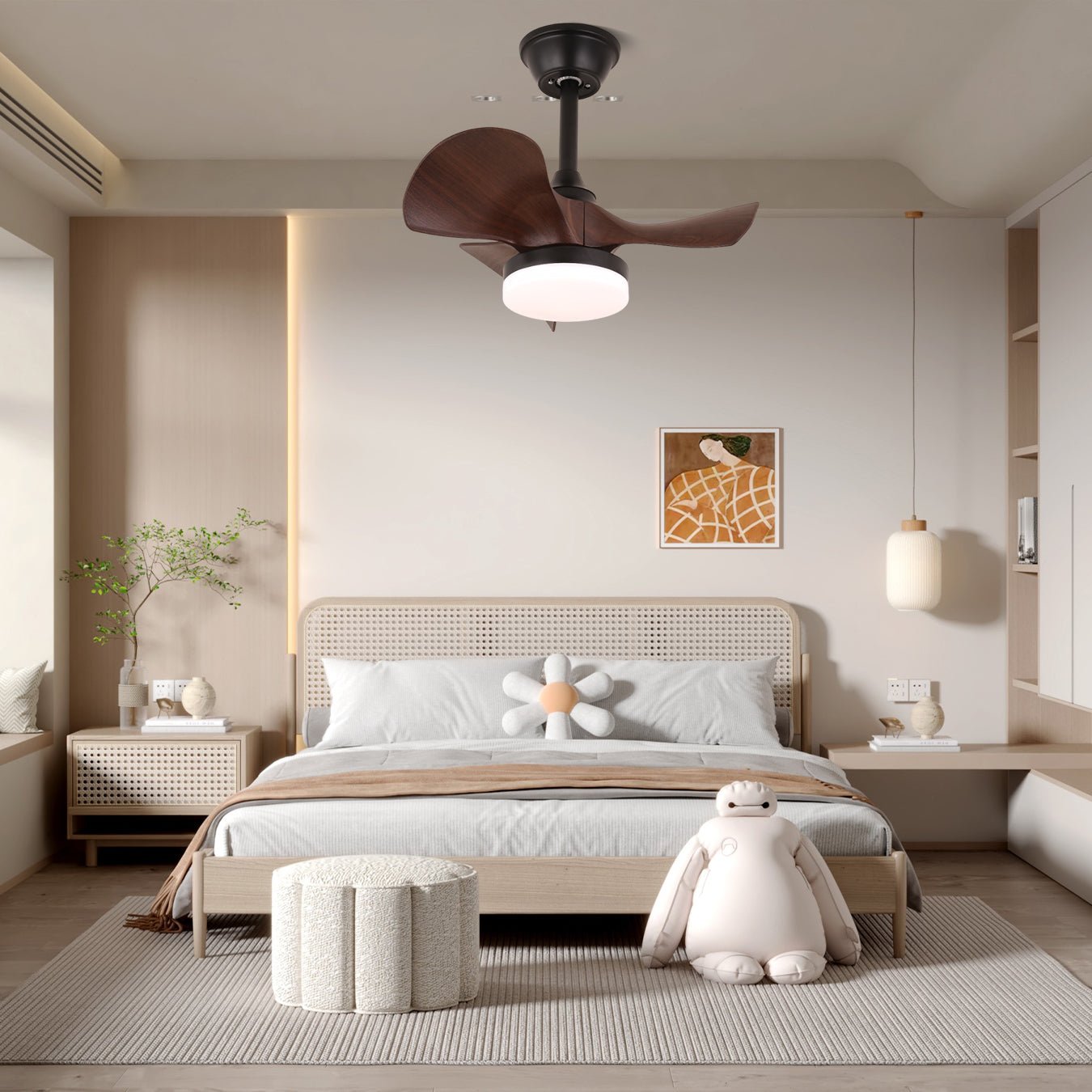 Moderní dřevěný stropní ventilátor Neriah s integrovaným osvětlením a dálkovým ovládáním – Lamylie