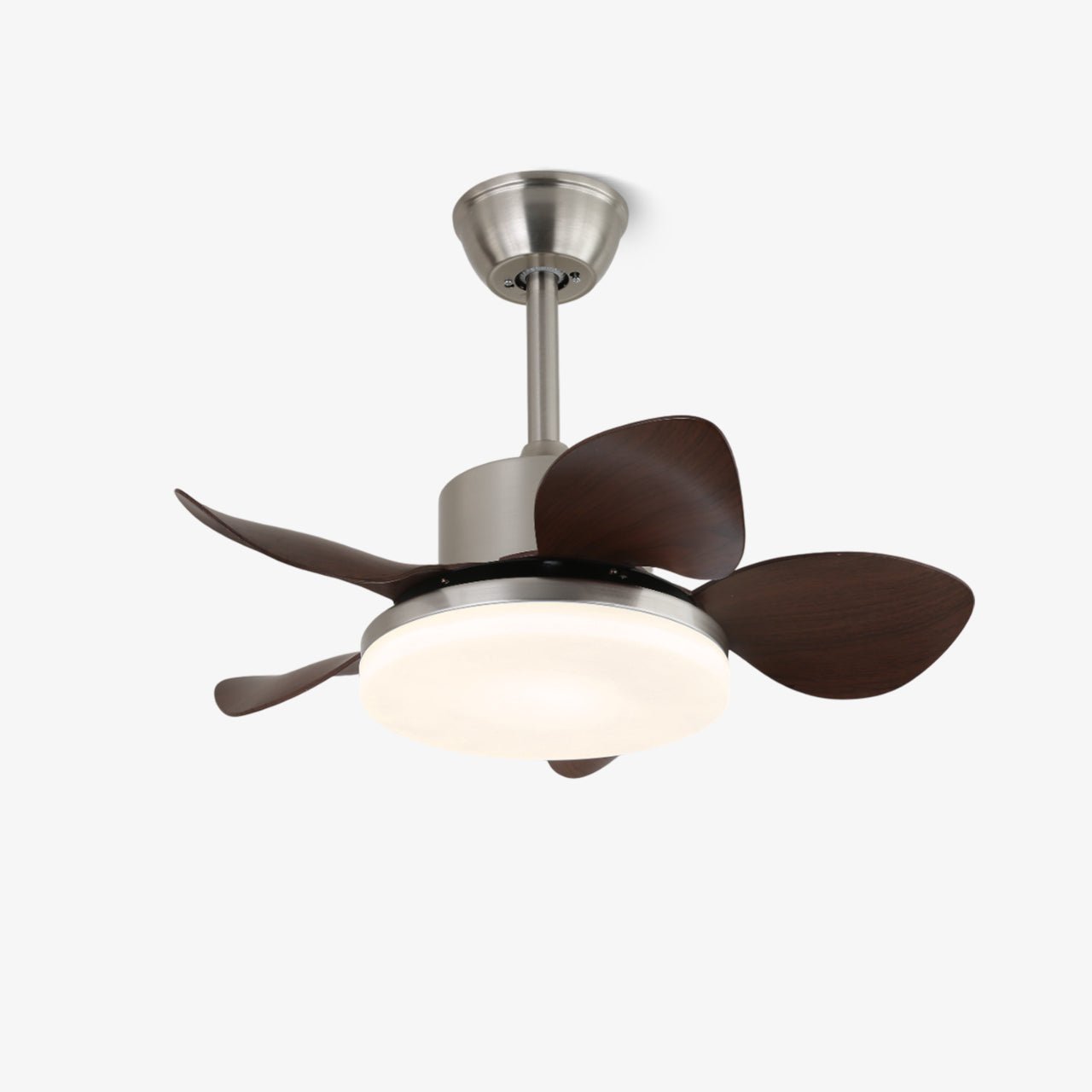 Holz-Deckenventilator Kaelen mit Beleuchtung ø71 cm | LED-Ventilatorlampe mit neigbaren Flügeln, Fernbedienung und 6 Geschwindigkeitsstufen | Modernes skandinavisches Design, Nickel, Walnussholz, Acryl – Lamylie