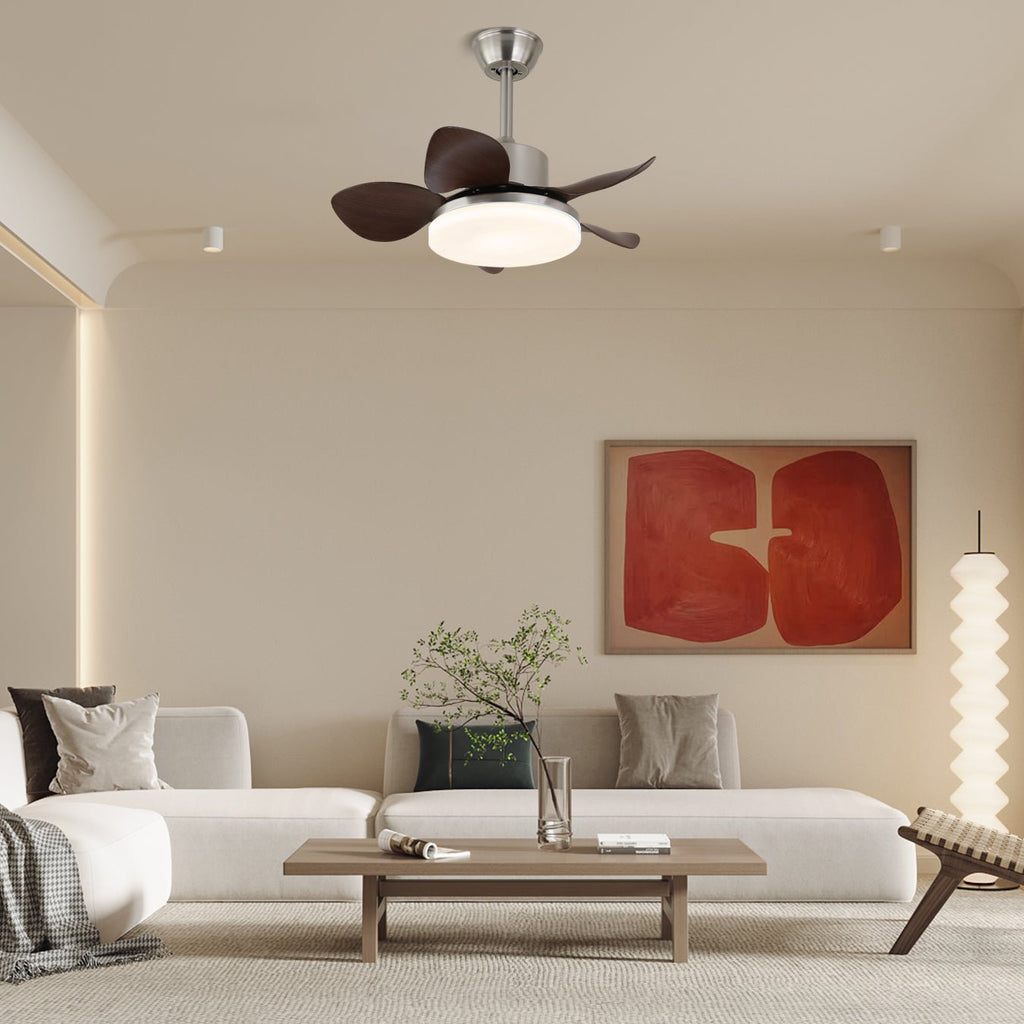Holz-Deckenventilator Kaelen mit Beleuchtung ø71 cm | LED-Ventilatorlampe mit neigbaren Flügeln, Fernbedienung und 6 Geschwindigkeitsstufen | Modernes skandinavisches Design, Nickel, Walnussholz, Acryl – Lamylie