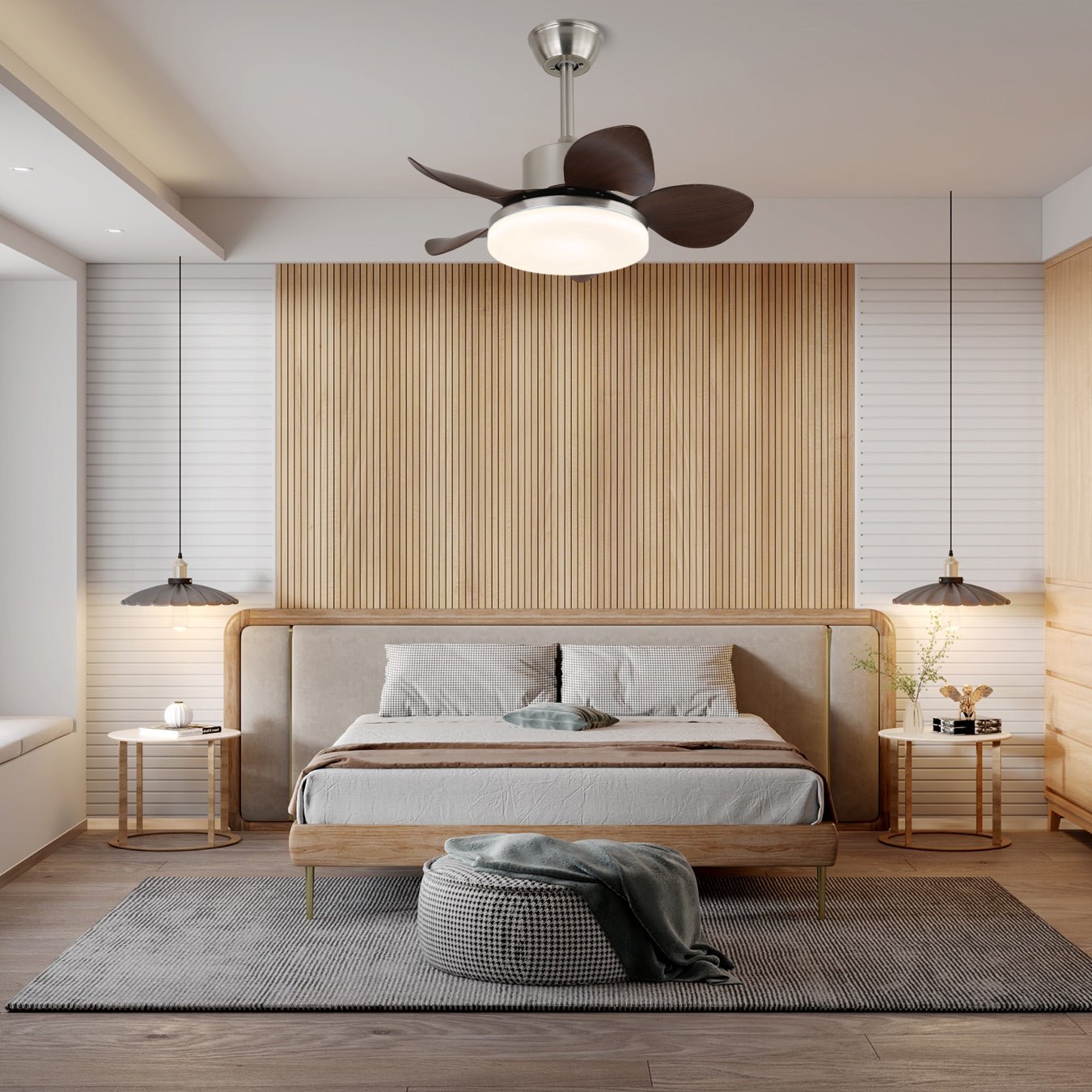 Holz-Deckenventilator Kaelen mit Beleuchtung ø71 cm | LED-Ventilatorlampe mit neigbaren Flügeln, Fernbedienung und 6 Geschwindigkeitsstufen | Modernes skandinavisches Design, Nickel, Walnussholz, Acryl – Lamylie