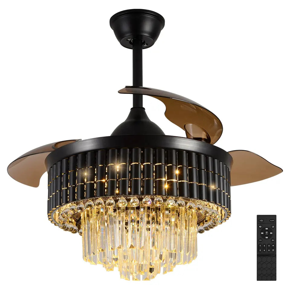 Ventilateur-plafonnier avec luminaire cristal NovaLuxe de 42 pouces — LED CC, pales rétractables