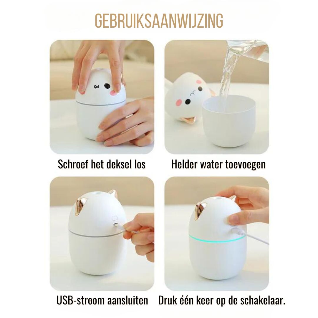 Macskapárásító LED-es éjjeli fénnyel | 250 ml-es párásítás hálószobába, irodába és gyerekszobába – Lamylie