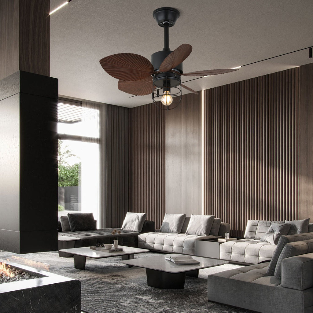 Průmyslový stropní ventilátor s osvětlením 76 cm – měděný motor, 6 rychlostí a dálkové ovládání – Lamylie