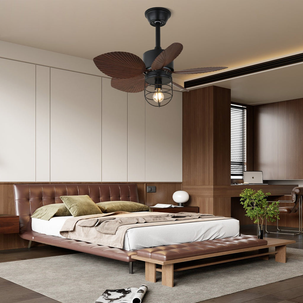 Průmyslový stropní ventilátor s osvětlením 76 cm – měděný motor, 6 rychlostí a dálkové ovládání – Lamylie