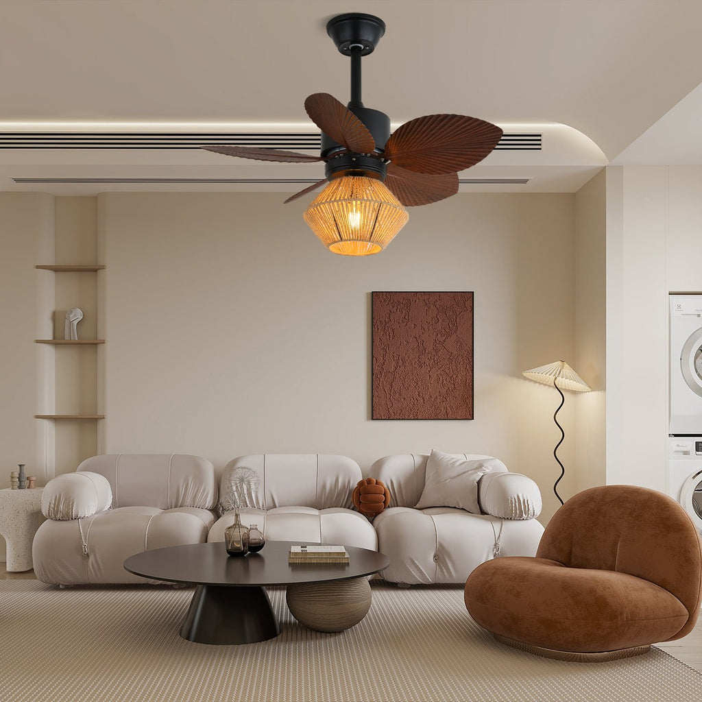 Mennyezeti ventilátor világítással, természetes rattanból, trópusi kialakítással, Ø76 cm - Lamylie