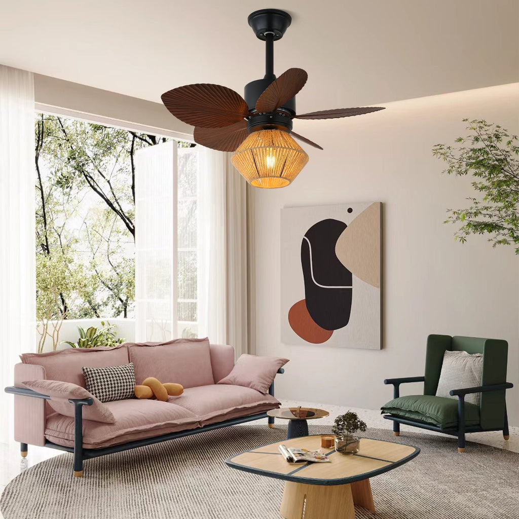 Mennyezeti ventilátor világítással, természetes rattanból, trópusi kialakítással, Ø76 cm - Lamylie