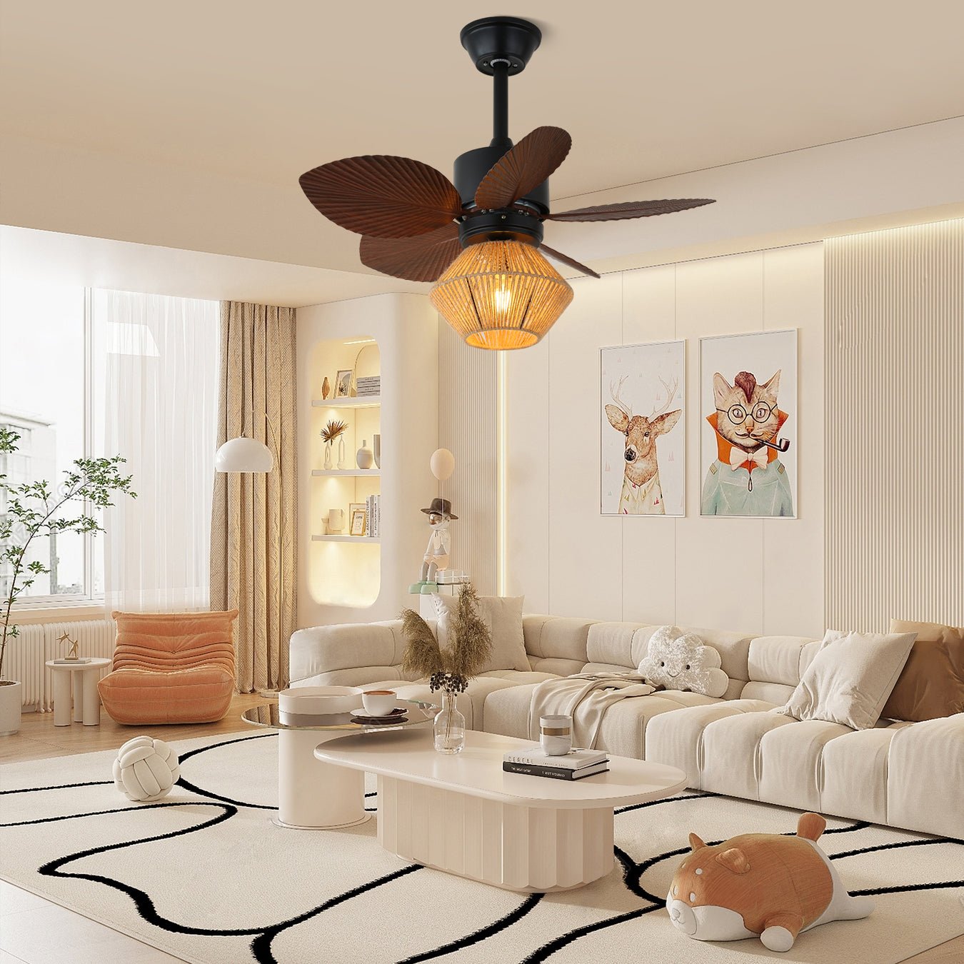 Mennyezeti ventilátor világítással, természetes rattanból, trópusi kialakítással, Ø76 cm - Lamylie
