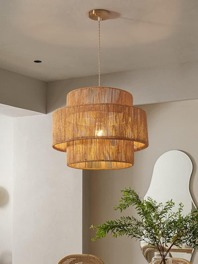 Handgewebte Hanf-Pendelleuchte im Zen-Stil | Natürliche Rattan-Trommellampe für rustikale Atmosphäre - Lamylie