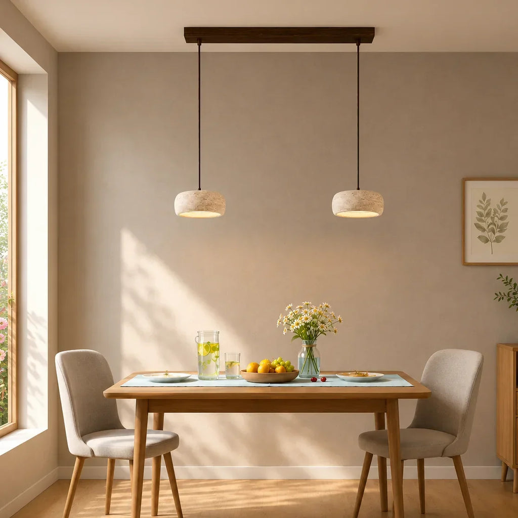 Lampă suspendată din travertin, crem vintage, din piatră naturală, în stil Wabi-Sabi, pentru sufragerie și dormitor – Lamylie