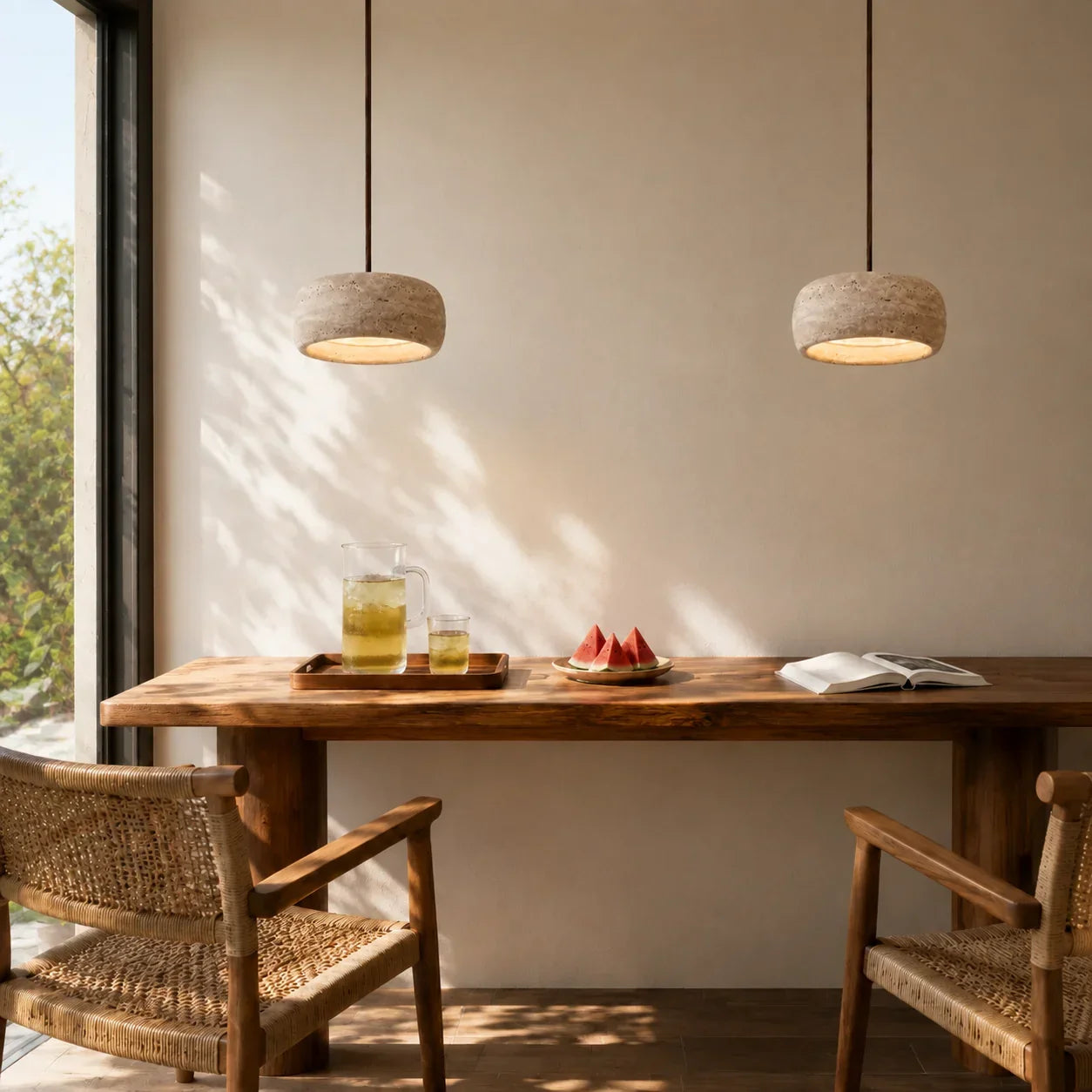 Lampă suspendată din travertin, crem vintage, din piatră naturală, în stil Wabi-Sabi, pentru sufragerie și dormitor – Lamylie
