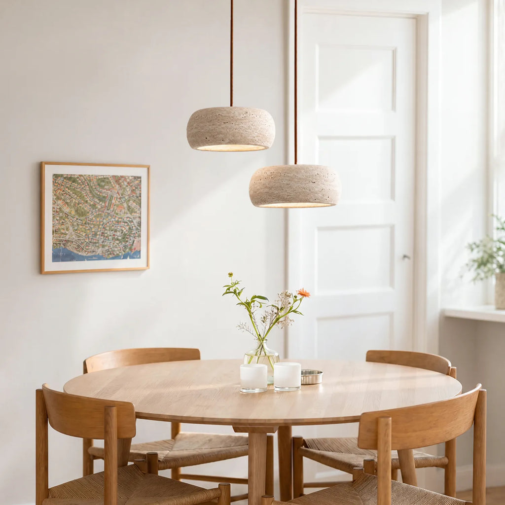 Lampă suspendată din travertin, crem vintage, din piatră naturală, în stil Wabi-Sabi, pentru sufragerie și dormitor – Lamylie