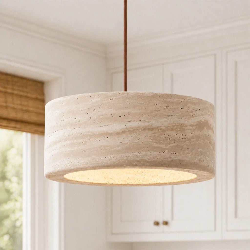 Lampă suspendată din travertin, crem vintage, din piatră naturală, în stil Wabi-Sabi, pentru sufragerie și dormitor – Lamylie
